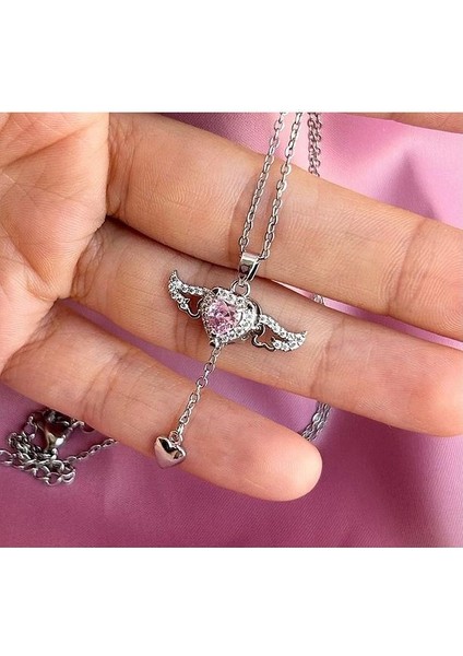 Gümüş Renk Sevgi Meleği Kalp Kanat Kolye Kadın Çelik Kolye - 3413 fiyatları
