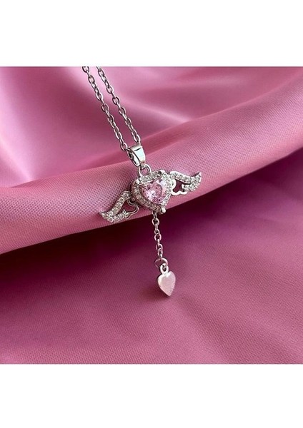 Gümüş Renk Sevgi Meleği Kalp Kanat Kolye Kadın Çelik Kolye - 3413 modelleri