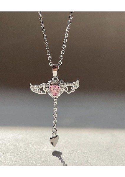 Gümüş Renk Sevgi Meleği Kalp Kanat Kolye Kadın Çelik Kolye - 3413 fırsatları
