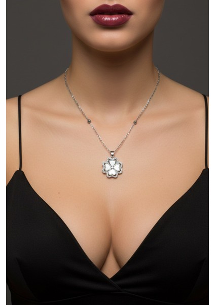 Gümüş Renk Beyaz Taş Van Cleff Yonca Model Top Zincir Çelik Kolye- 3782