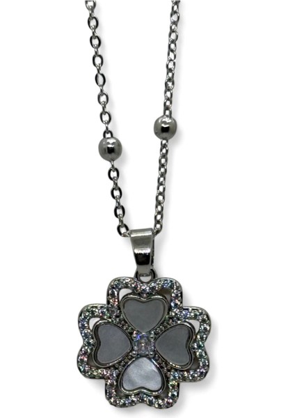 Gümüş Renk Beyaz Taş Van Cleff Yonca Model Top Zincir Çelik Kolye- 3782 fiyatları