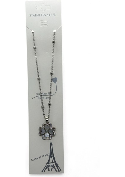 Gümüş Renk Beyaz Taş Van Cleff Yonca Model Top Zincir Çelik Kolye- 3782 modelleri