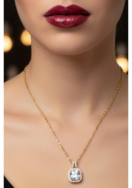 Altın Renk Kare Beyaz Taş Sf Zincir Çelik Kolye - 3743