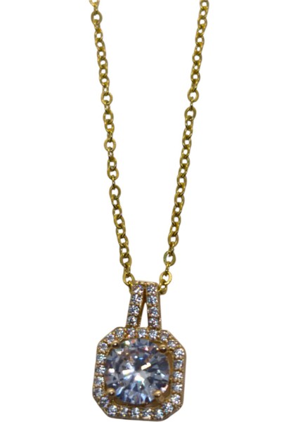 Altın Renk Kare Beyaz Taş Sf Zincir Çelik Kolye - 3743 fiyatları