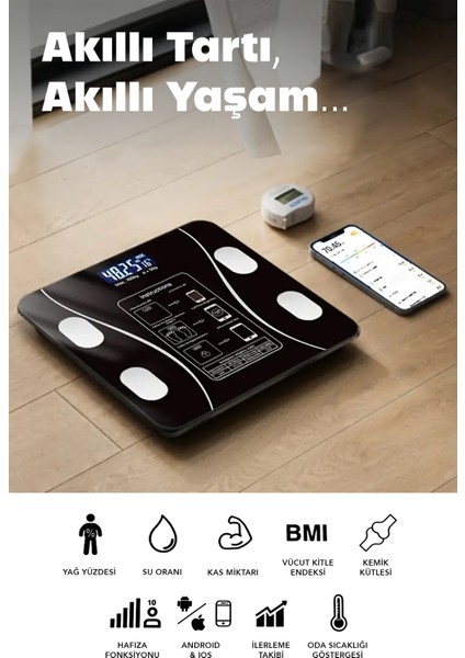 Siyah Dijital Vücut Ölçüm Tartısı, Bluetooth, Yağ, Su, Kas ve Endeks Analizi fırsatları