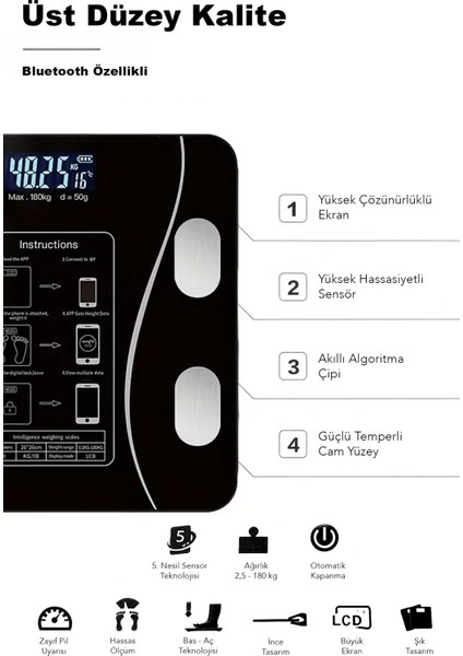 Siyah Dijital Vücut Ölçüm Tartısı, Bluetooth, Yağ, Su, Kas ve Endeks Analizi indirimleri