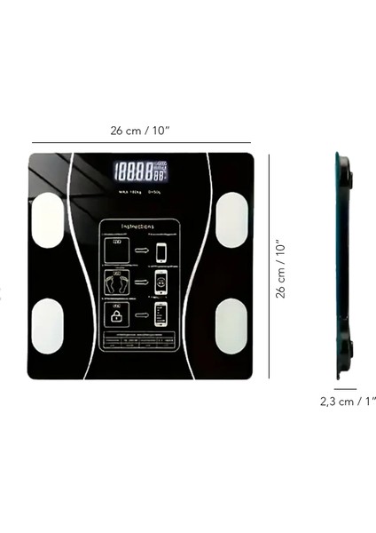 Siyah Dijital Vücut Ölçüm Tartısı, Bluetooth, Yağ, Su, Kas ve Endeks Analizi