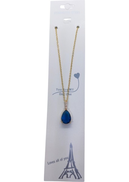 Altın Renk Sıra Taşlı Lacivert Damla Model Sf Zincir Çelik Kolye - 3748 fırsatları