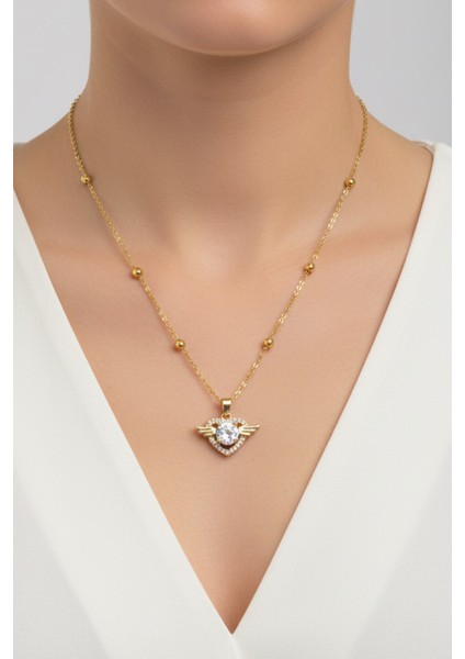 Altın Renk Kanat Kalp Model Top Zincir Çelik Kolye - 3681