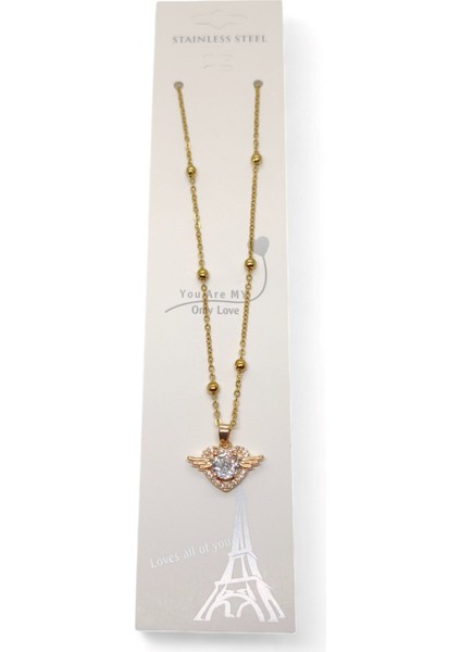 Altın Renk Kanat Kalp Model Top Zincir Çelik Kolye - 3681 modelleri