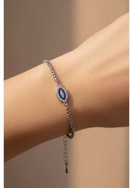 Gümüş Renk Mekik Göz Taşlı Model Arnavut Zincir Çelik Bileklik - 3679