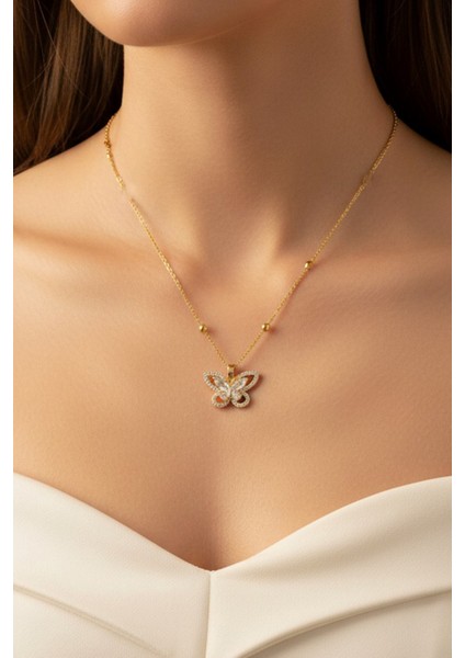 Altın Renk Kelebek Model Top Zincir Çelik Kolye - 3688