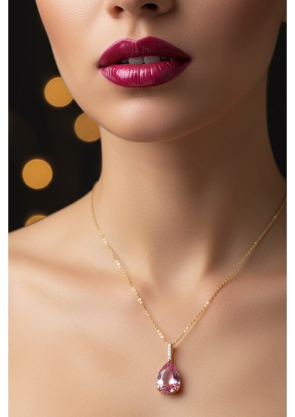 Altın Renk Sıra Taşlı Pembe Damla Model Sf Zincir Çelik Kolye - 3746