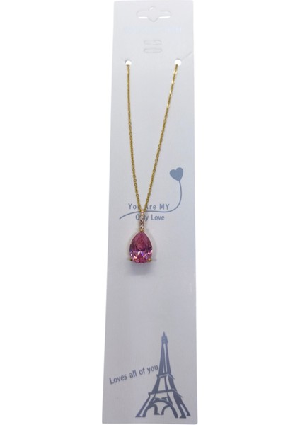 Altın Renk Sıra Taşlı Pembe Damla Model Sf Zincir Çelik Kolye - 3746 modelleri