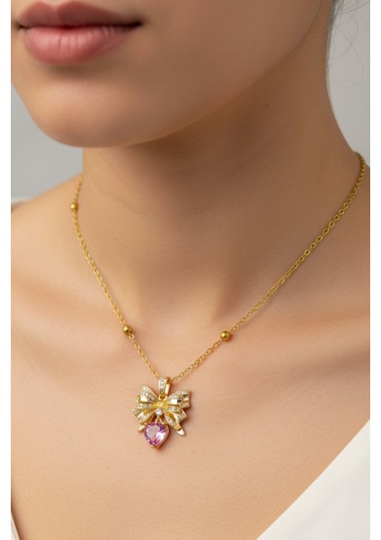 Altın Renk Fiyonk Pembe Kalp Model Top Zincir Çelik Kolye- 3704