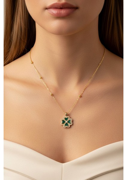 Altın Renk Yeşil Mineli Yonca Model Top Zincir Çelik Kolye - 3696