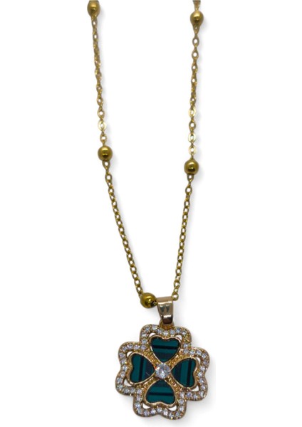 Altın Renk Yeşil Mineli Yonca Model Top Zincir Çelik Kolye - 3696 fiyatları