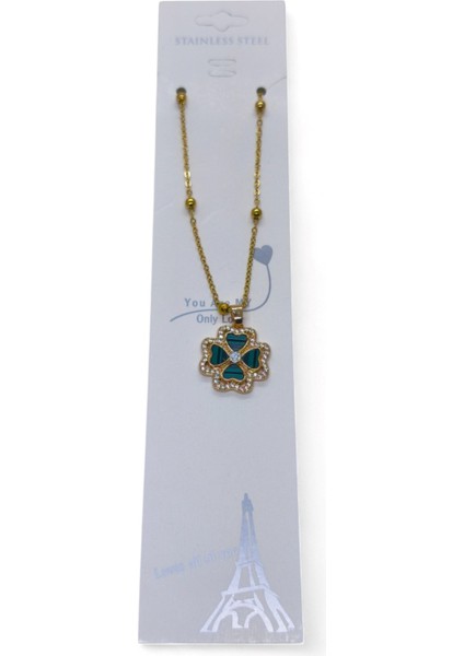 Altın Renk Yeşil Mineli Yonca Model Top Zincir Çelik Kolye - 3696 modelleri