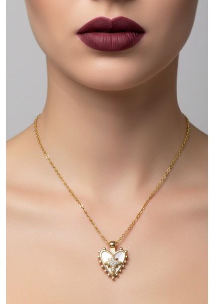 Altın Renk Beyaz Sedef Kalp Kutup Yıldızı Model Sf Zincir Çelik Kolye- 3715