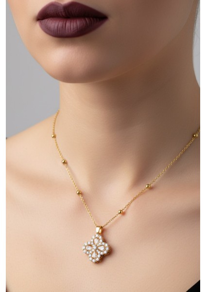 Altın Renk Beyaz Taş Van Cleff Yonca Damla Taşlı Model Top Zincir Çelik Kolye- 3717