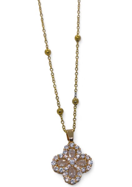 Altın Renk Beyaz Taş Van Cleff Yonca Damla Taşlı Model Top Zincir Çelik Kolye- 3717 fiyatları