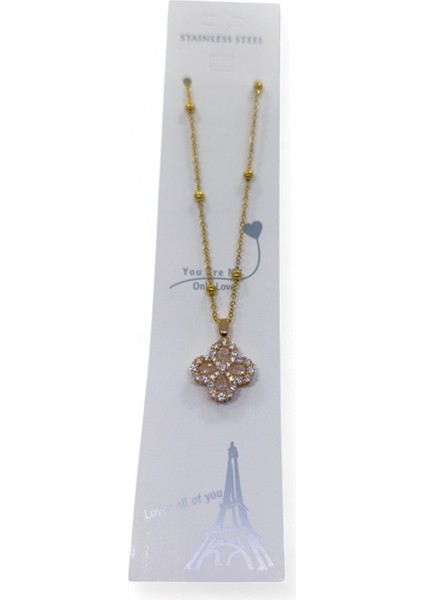 Altın Renk Beyaz Taş Van Cleff Yonca Damla Taşlı Model Top Zincir Çelik Kolye- 3717 modelleri