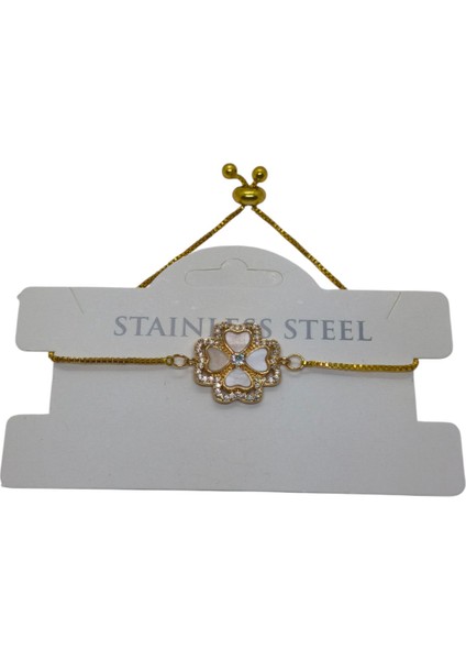 Altın Renk Van Cleef Yonca Krem Sedef Asansör Çelik Bileklik - 3630