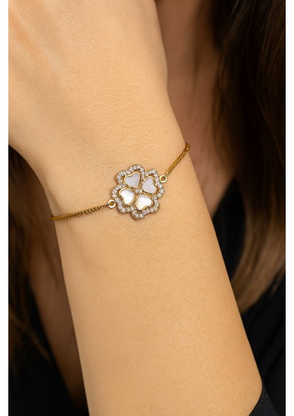 Altın Renk Van Cleef Yonca Krem Sedef Asansör Çelik Bileklik - 3630 fiyatları