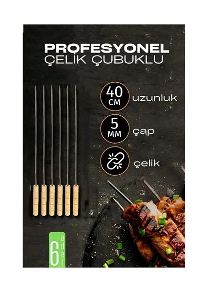 Bx Çelik Şiş Çubuğu - Mangal Şişi Ahşap Saplı Kebap Şişi 6 Adet