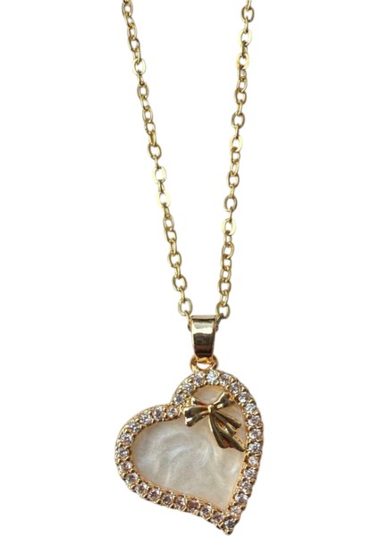 Altın Renk Beyaz Sedef Kalp Sf Zincir Çelik Kolye - 3648