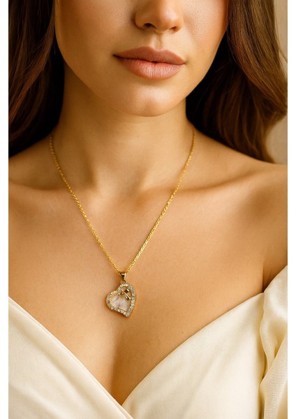 Altın Renk Beyaz Sedef Kalp Sf Zincir Çelik Kolye - 3648 fiyatları