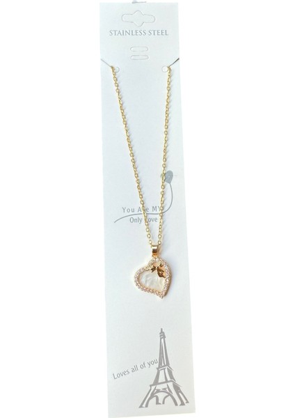 Altın Renk Beyaz Sedef Kalp Sf Zincir Çelik Kolye - 3648 modelleri