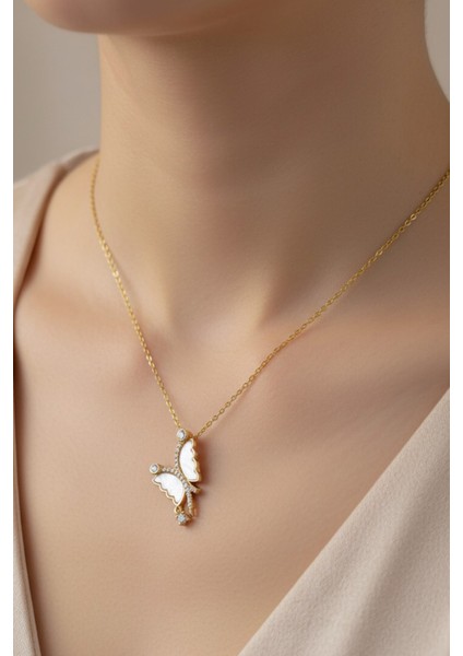 Altın Renk Beyaz Sedef Yusufcuk Model Sf Zincir Çelik Kolye- 3709
