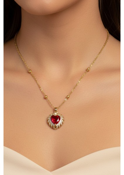 Altın Renk Kırmızı Kalp Model Top Zincir Çelik Kolye - 3685