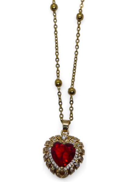 Altın Renk Kırmızı Kalp Model Top Zincir Çelik Kolye - 3685 fiyatları