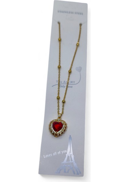 Altın Renk Kırmızı Kalp Model Top Zincir Çelik Kolye - 3685 modelleri