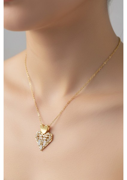 Altın Renk Sallantılı Kalp Baget Model Top Zincir Çelik Kolye- 3711