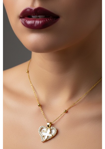 Altın Renk Beyaz Sedef Kalp Kelebek Model Top Zincir Çelik Kolye- 3725