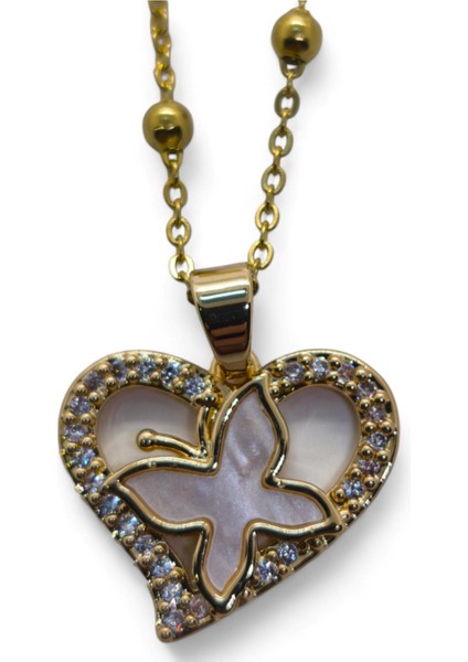 Altın Renk Beyaz Sedef Kalp Kelebek Model Top Zincir Çelik Kolye- 3725 fiyatları