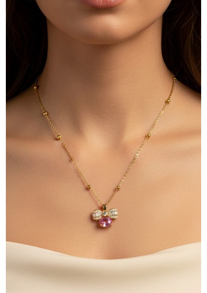 Altın Renk Pembe Fiyonk Model Top Zincir Çelik Kolye - 3691