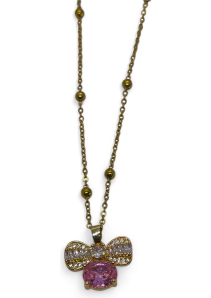 Altın Renk Pembe Fiyonk Model Top Zincir Çelik Kolye - 3691 fiyatları