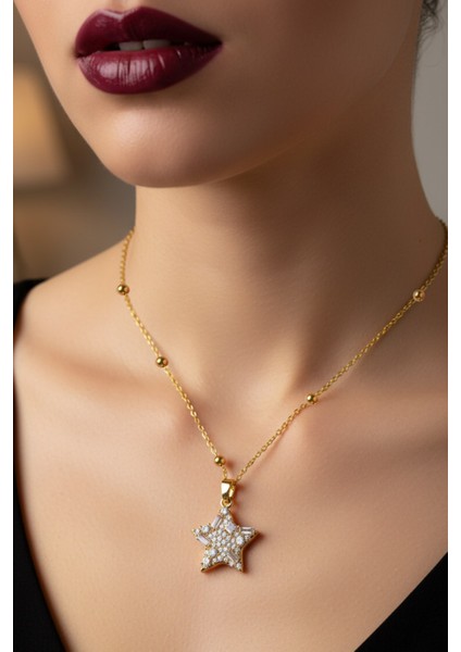Altın Renk Yıldız Model Top Zincir Çelik Kolye - 3722