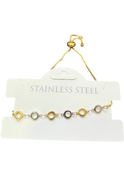 Altın Renk Yuvarlak Sarı Beyaz Zincir Asansör Çelik Bileklik - 3607