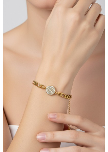 Altın Renk Yuvarlak Beyaz Model Şavin Zincir Çelik Bileklik - 3672