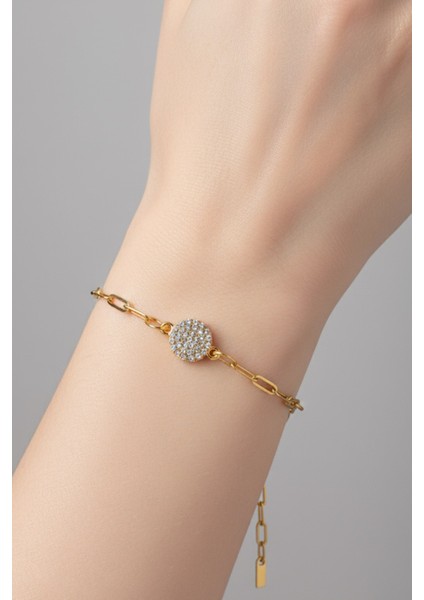 Altın Renk Tombul Yuvarlak Beyaz Model Ataç Zincir Çelik Bileklik - 3674