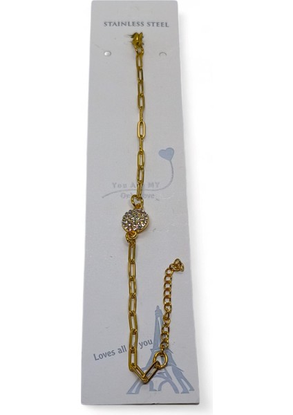 Altın Renk Tombul Yuvarlak Beyaz Model Ataç Zincir Çelik Bileklik - 3674 modelleri