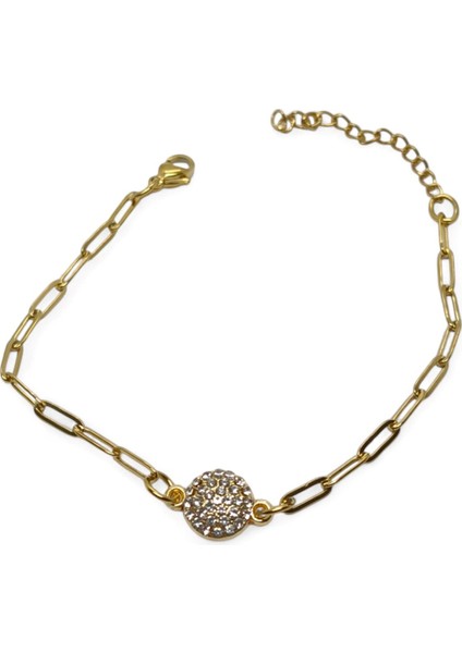 Altın Renk Tombul Yuvarlak Beyaz Model Ataç Zincir Çelik Bileklik - 3674