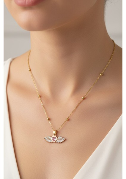 Altın Renk Pembe Taşlı Kanat Kalp Model Top Zincir Çelik Kolye - 3682