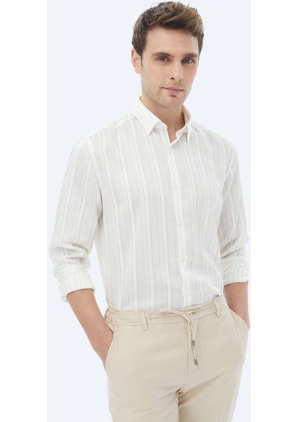 Beyaz Çizgili Regular Fit Dokuma Klasik Keten Karışımlı Gömlek
