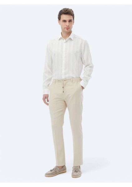 Beyaz Çizgili Regular Fit Dokuma Klasik Keten Karışımlı Gömlek